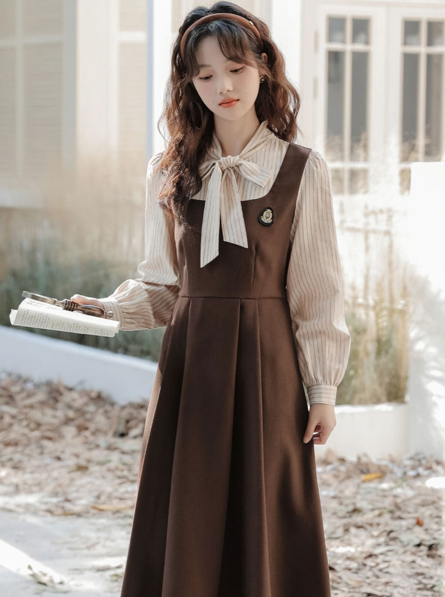 Striped Style Dress Splicing Faux College