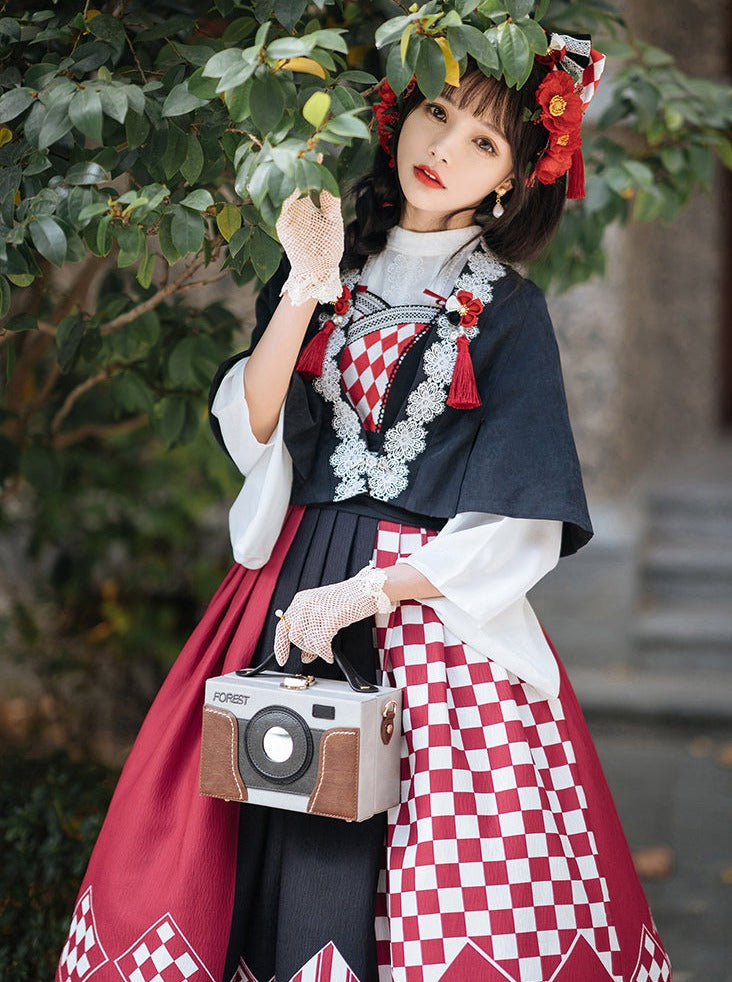 trumpet fur blouse cape + China accessories tassel scarf jumper skirt