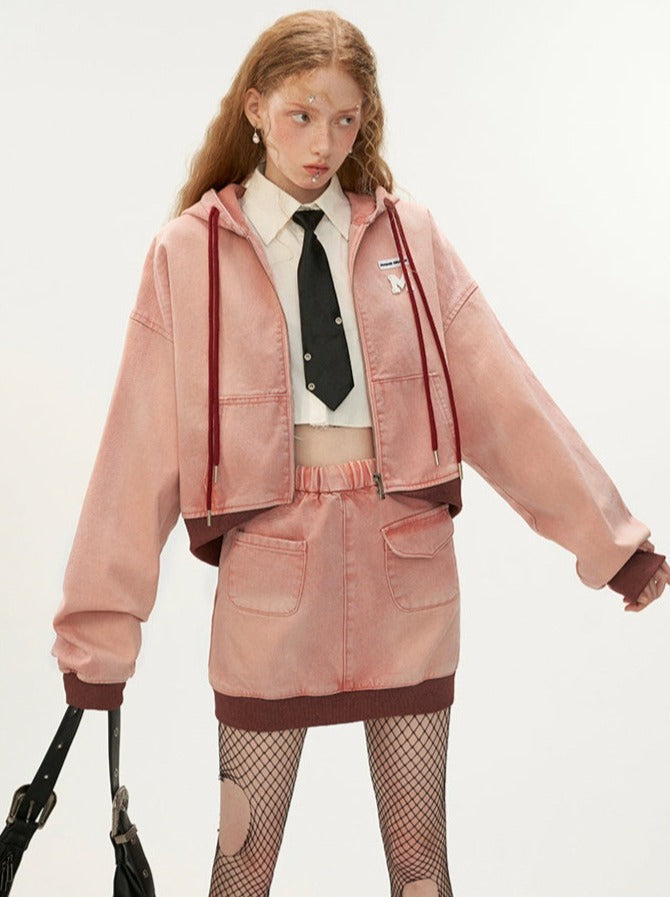 Zip Hoodie Y2K Short Hooded Casual + Skirt