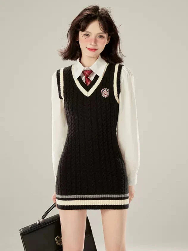 Robe style tricot + cravate universitaire, gilet blanc, chemise à col en V