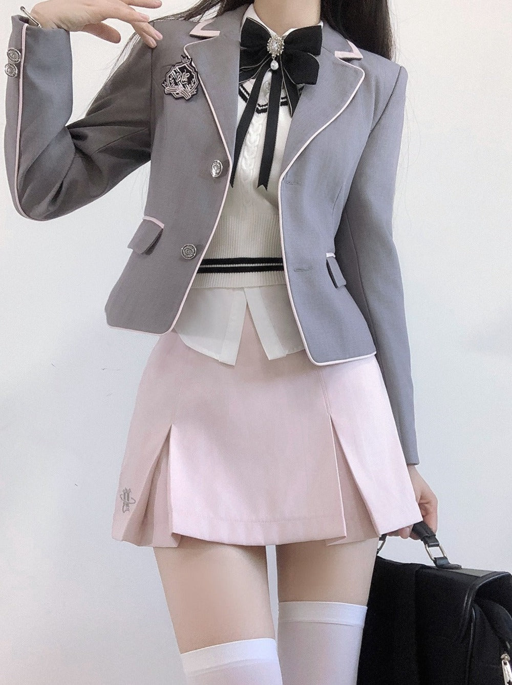 Veste Collège Gilet + Jupe Chemise Box + Slim Plissé Fille Doux Style Ruban