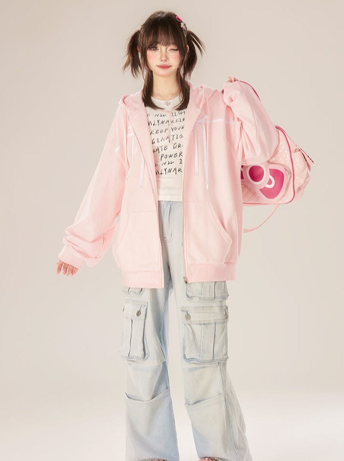ジップアップリボンスイートパーカー ピンク フード付き
