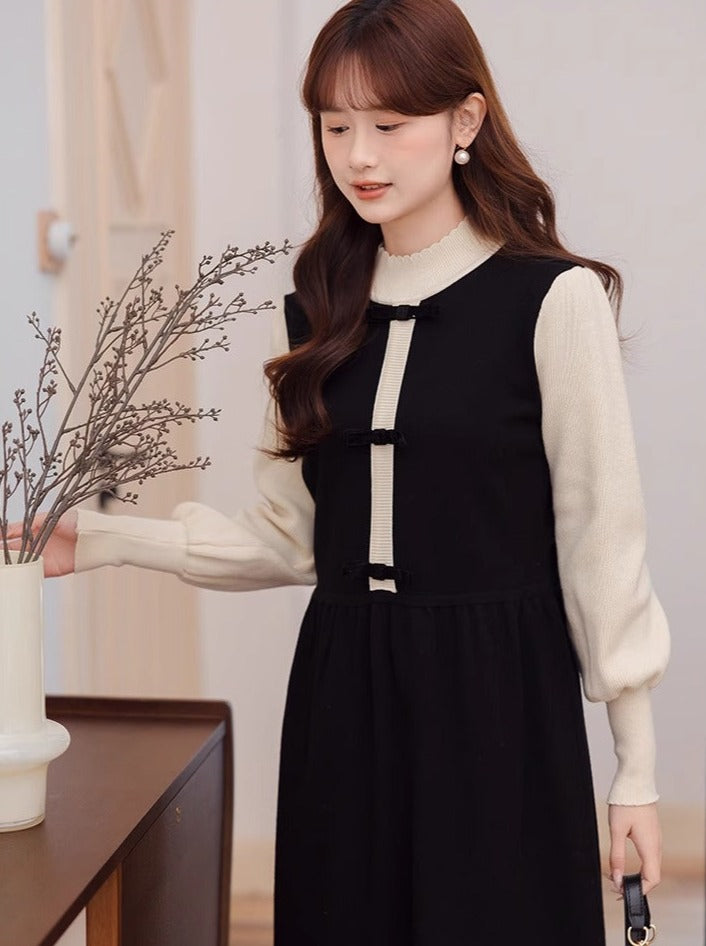 Piece Collar High Dress Half Two Contrast Faux