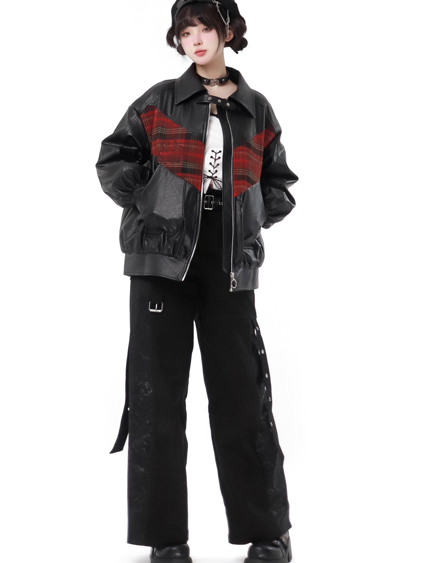 Anzugjacke aus Samt und Leder mit Drachenkaromuster