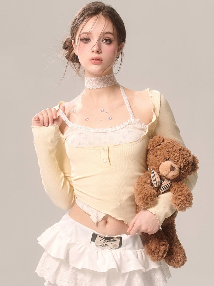 Milky Faux Piece Cream Eye Halter Two Top Neck Yellow