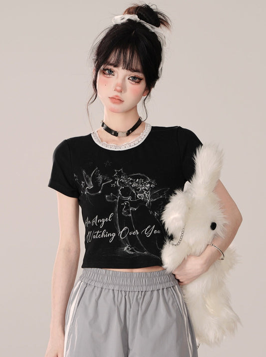 Black Little Short Angel Short Design Tops