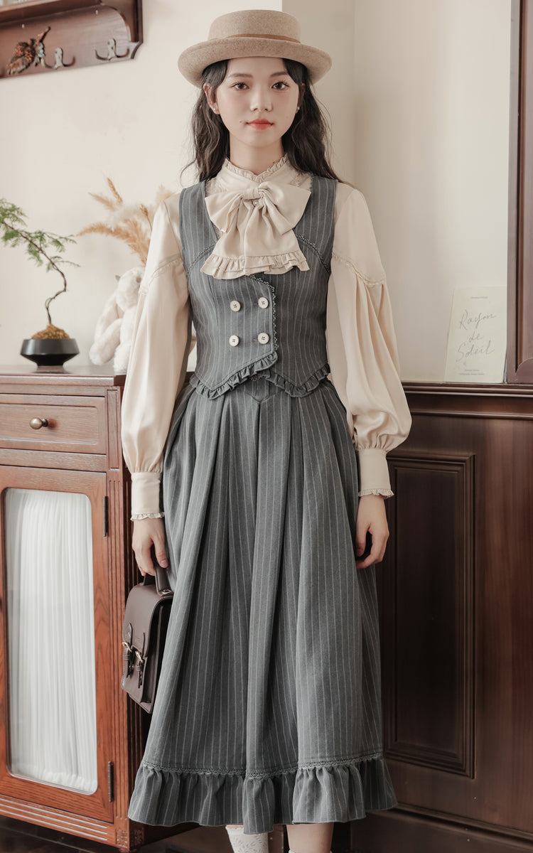 Rüschen + Bluse gestreifter Kragen + Rock ausgestellt Retro Weste dunkel