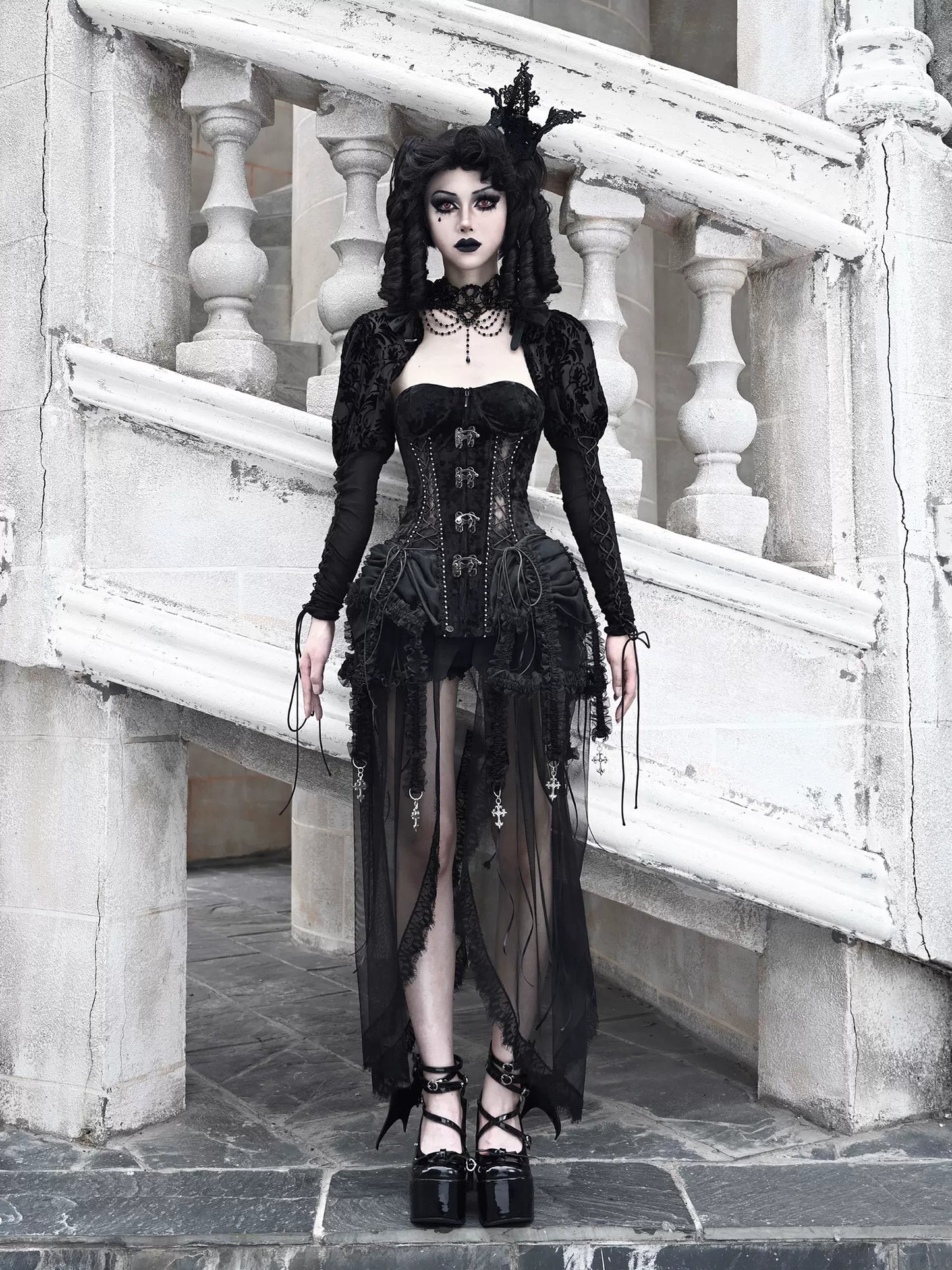 Dark Gothic Corset Hell Dress Bird Straps Alice Gauge Set Fishbone