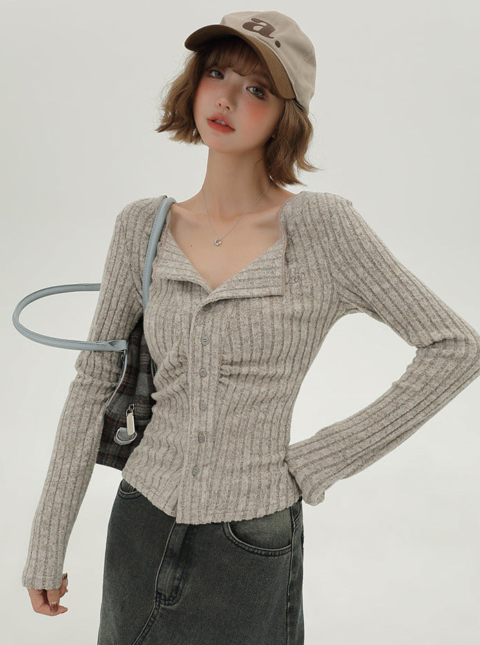 Flap Knit Cardigan American Collar Slim
