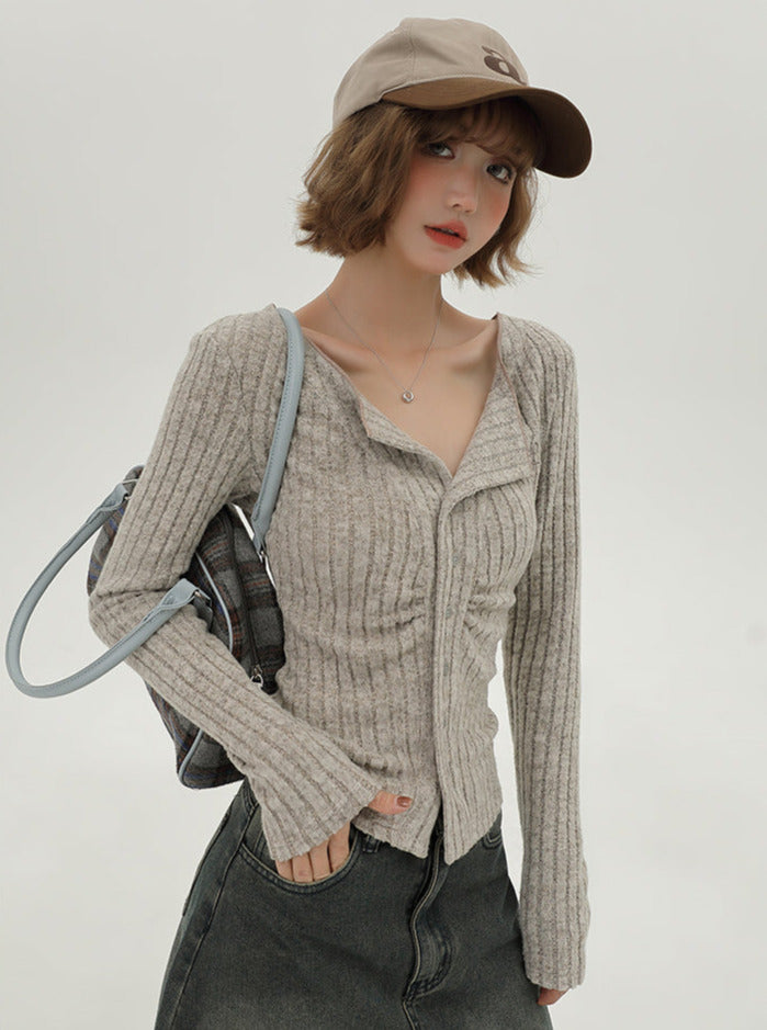 Flap Knit Cardigan American Collar Slim