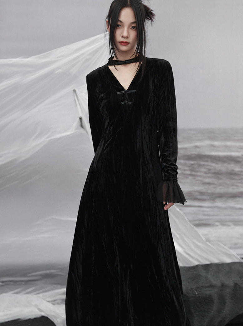 Splicing Stand Chinese V-Collar Mesh Romantic Retro Velvet Black Dress