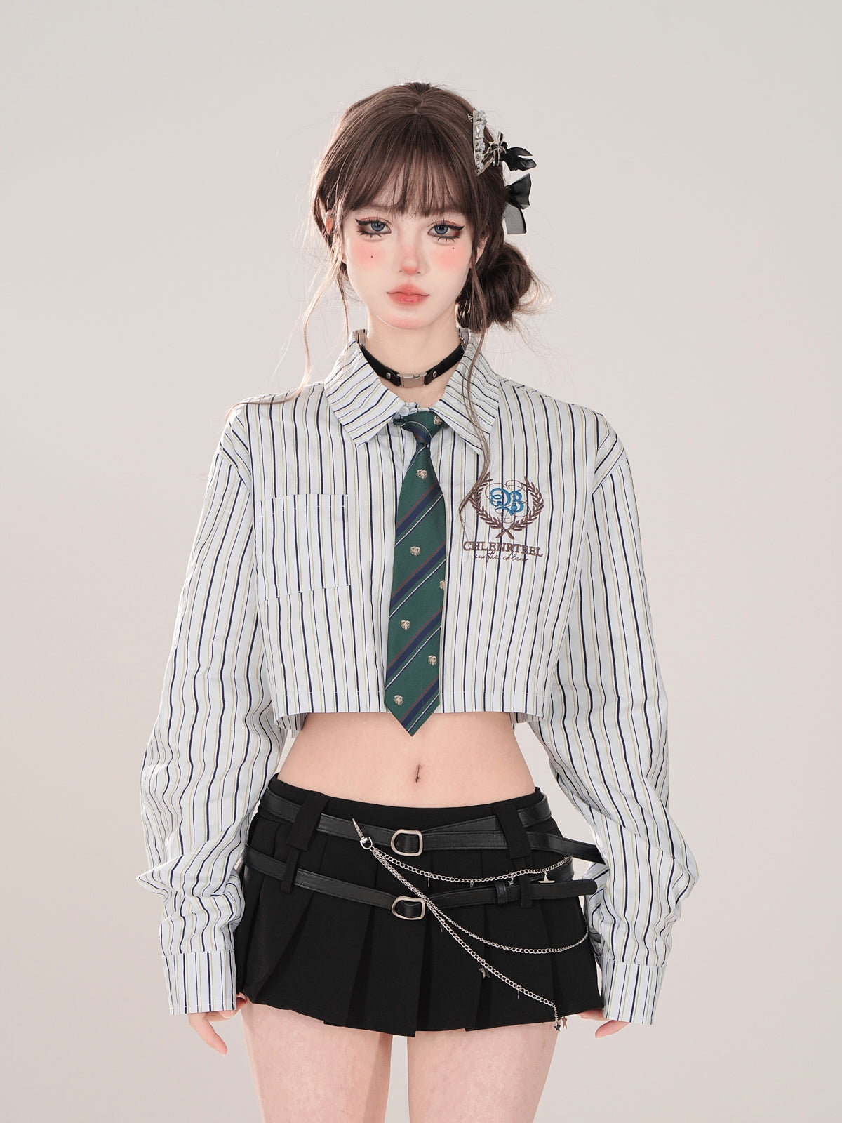 Ensemble cravate style polo court + chemise haute à rayures pour l'école