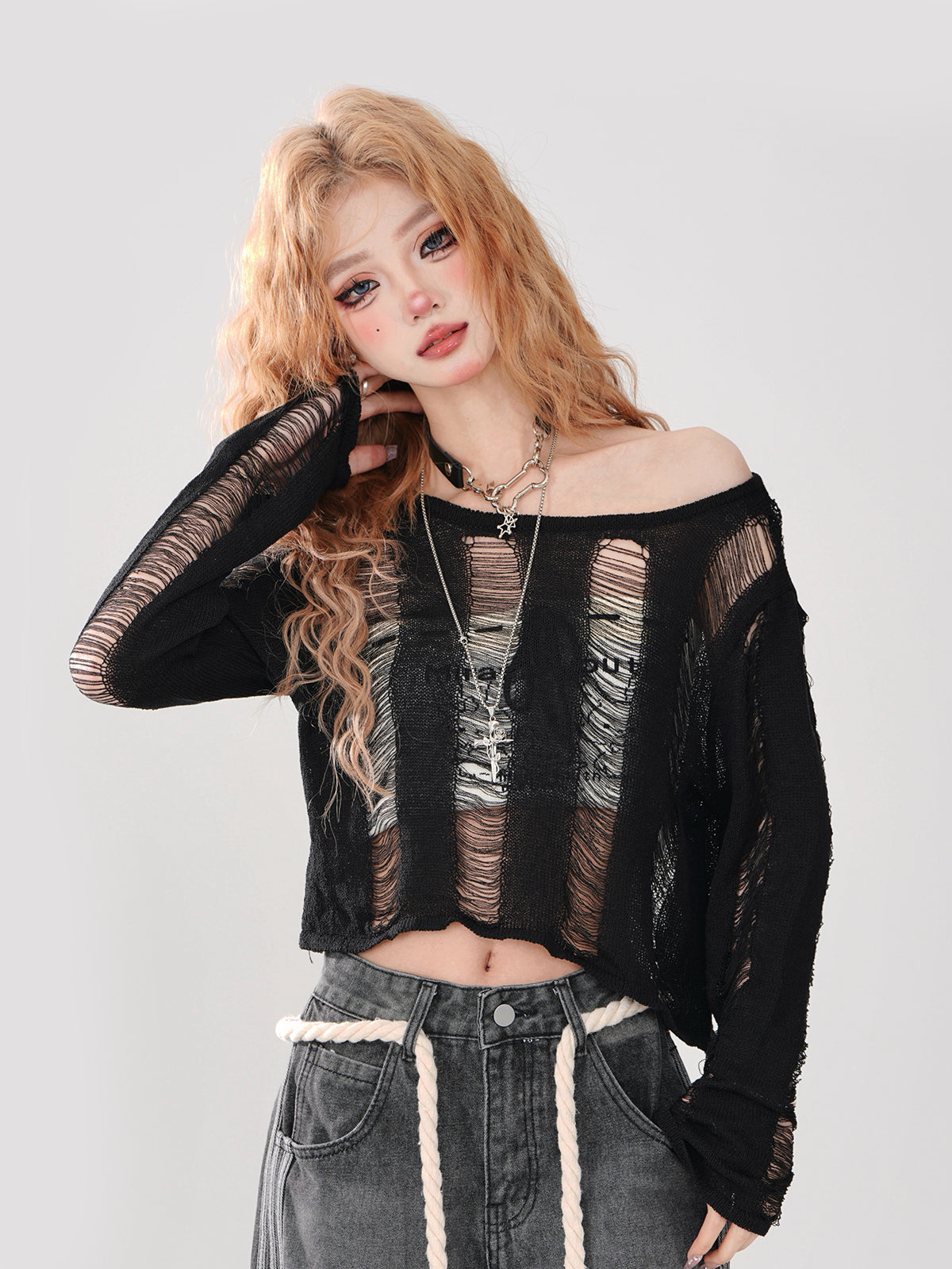 Short Top Ripped + Knit Off-Shoulder Lace-Up Top Back Tube