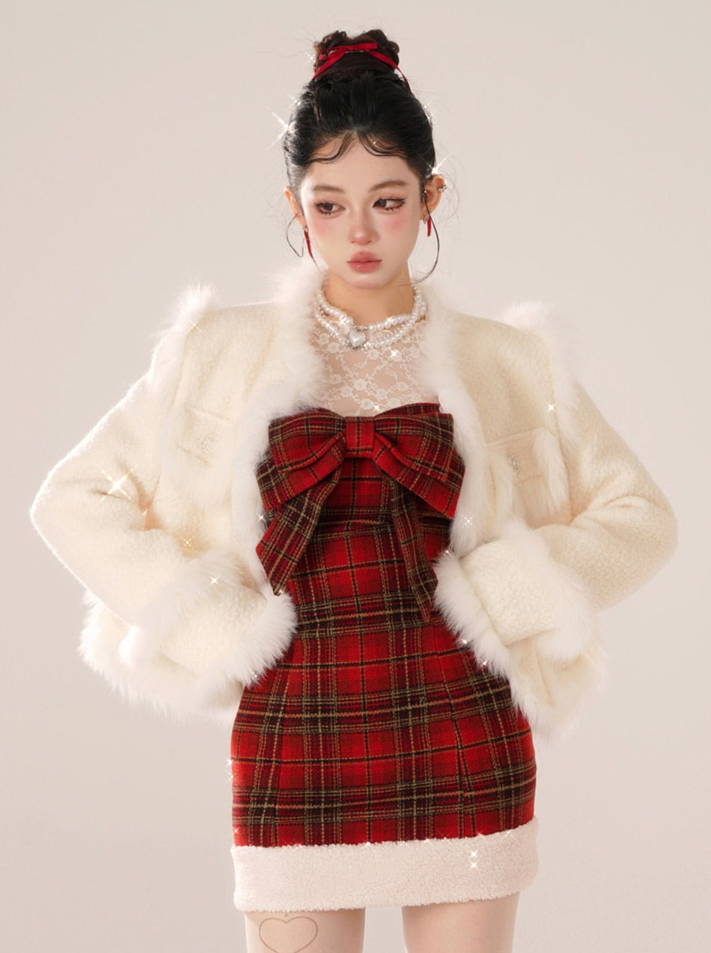Bear Dress Suspender Red Collar Gummy Check + Tops Inner Lace