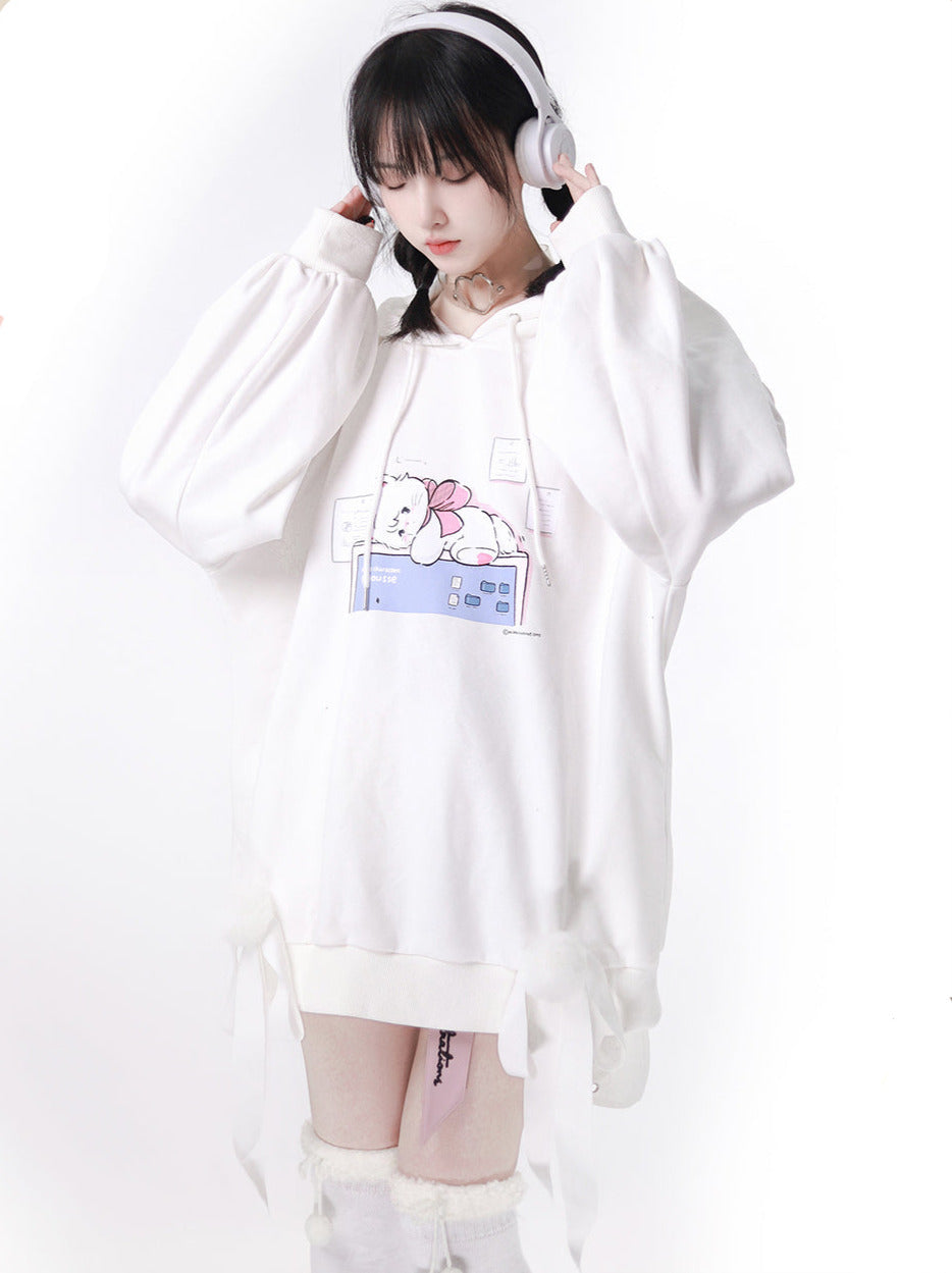 プラスベルベッドピンクホワイトボールリボンパーカー