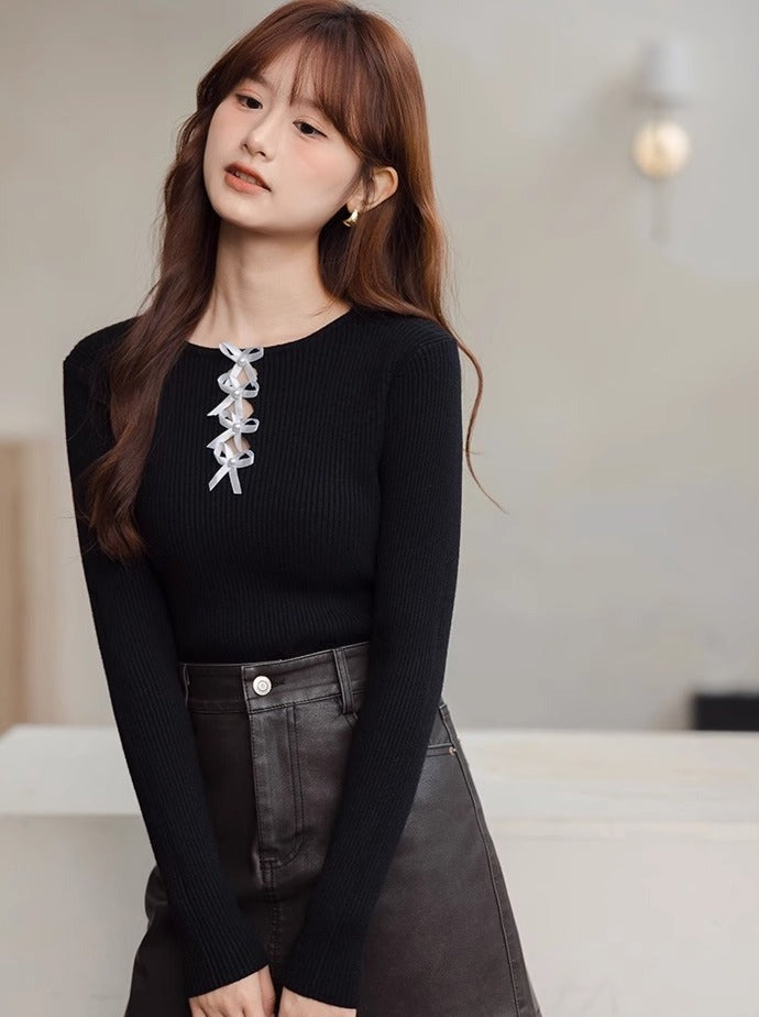 Wool Neck Round Loose Slim Top Design Ribbon