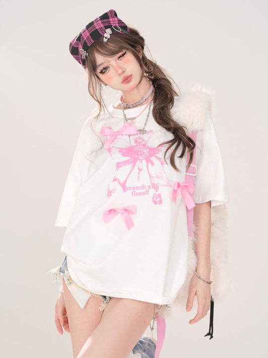 Tシャツ ストリート ラウンドプリント リボン アメリカン デコ ネック ルーズ