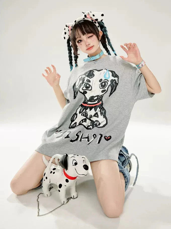 Dalmatiner T-Shirt mit Print, locker, Grau