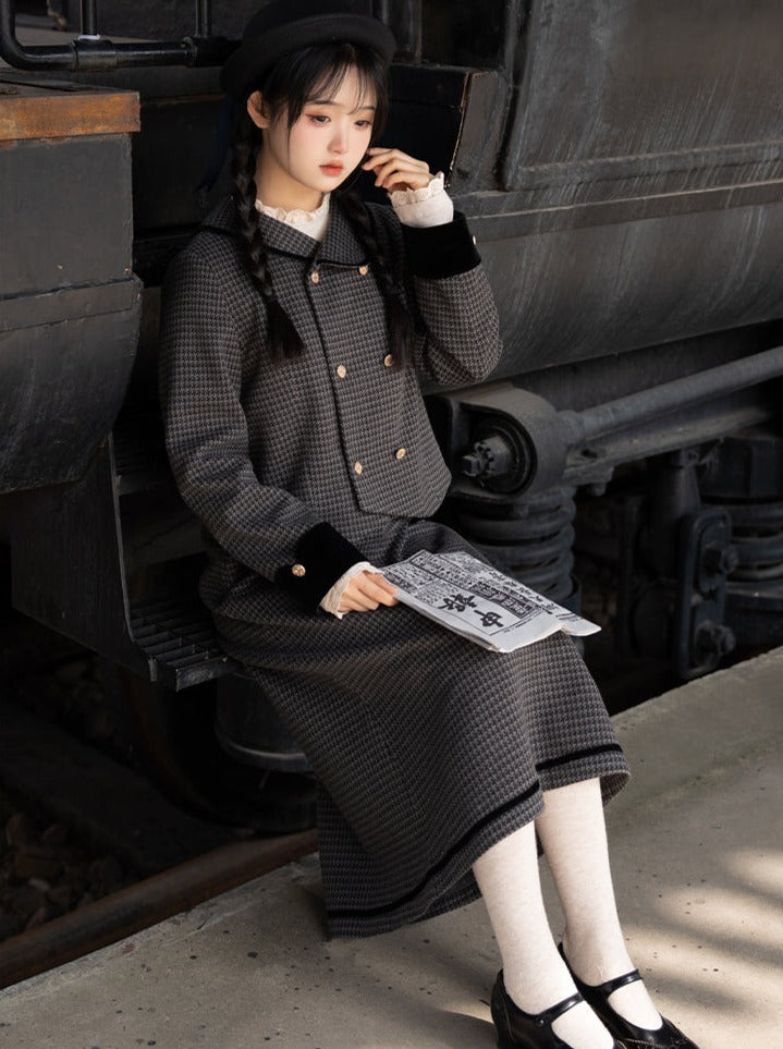 Skirt Check Flared Retro Ribbon Dark Double + Top
