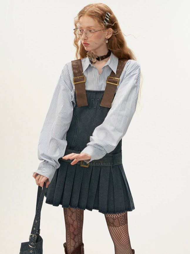 Leather Belted Logo Pleated Denim Suspender Skirt
