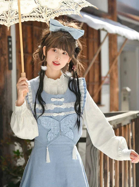 Gilet bleu forêt jupe papillon à volants chemise bleu Chine
