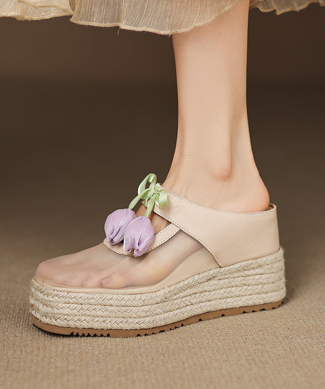 Tulle Splicing Heels Leather Pink Wedge Sandals Cowhide Slide