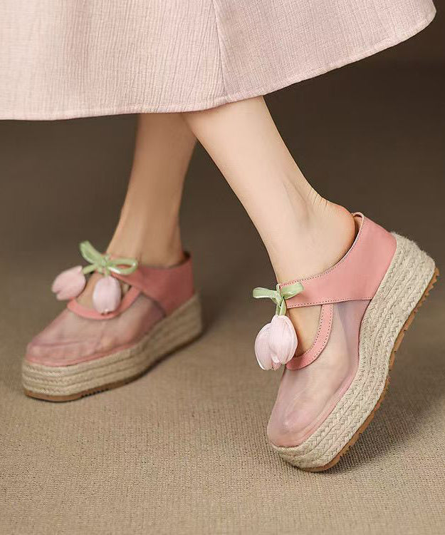 Tulle Splicing Heels Leather Pink Wedge Sandals Cowhide Slide