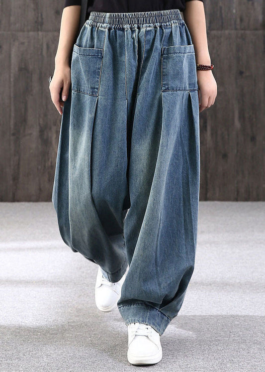 Pockets Summer Lantern Pants Denim Blue Plus Size Patchwork