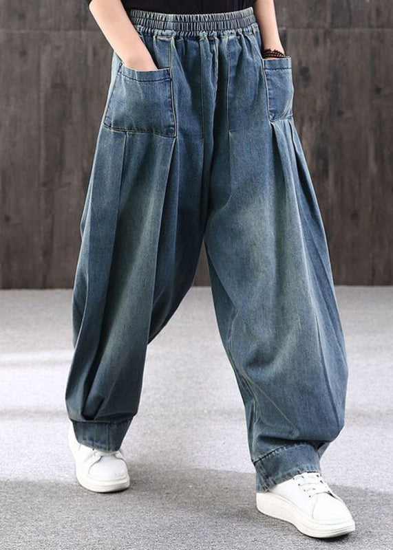 Pockets Summer Lantern Pants Denim Blue Plus Size Patchwork