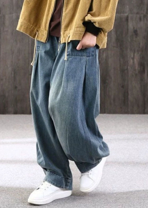 Pockets Summer Lantern Pants Denim Blue Plus Size Patchwork