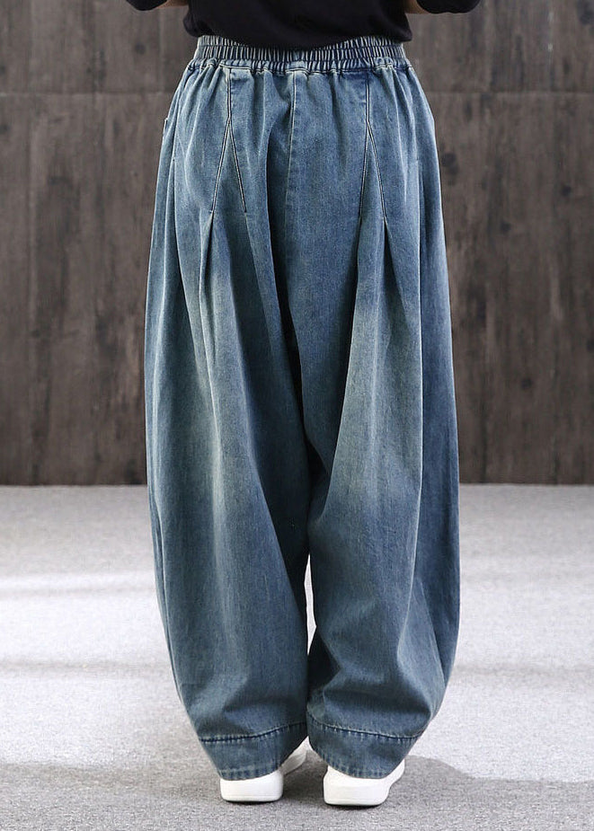 Pockets Summer Lantern Pants Denim Blue Plus Size Patchwork