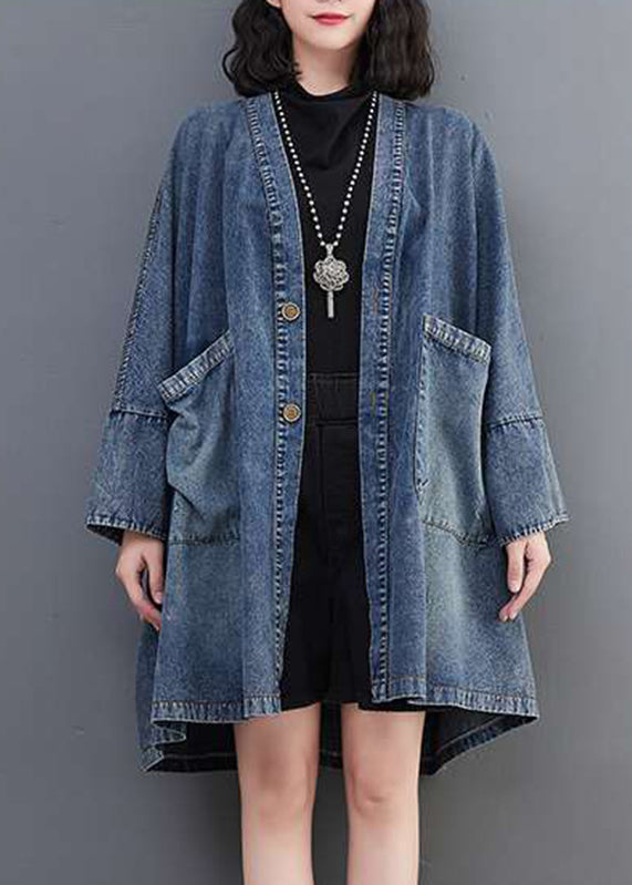 Denim Neck Coats Plus Pockets V Size Fall Blue