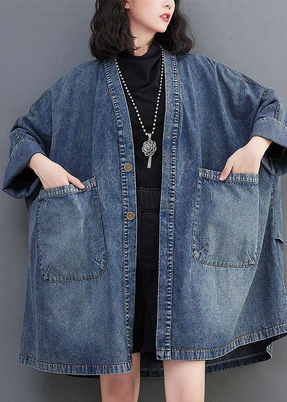 Denim Neck Coats Plus Pockets V Size Fall Blue