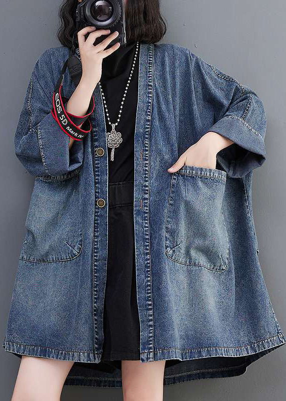 Denim Neck Coats Plus Pockets V Size Fall Blue