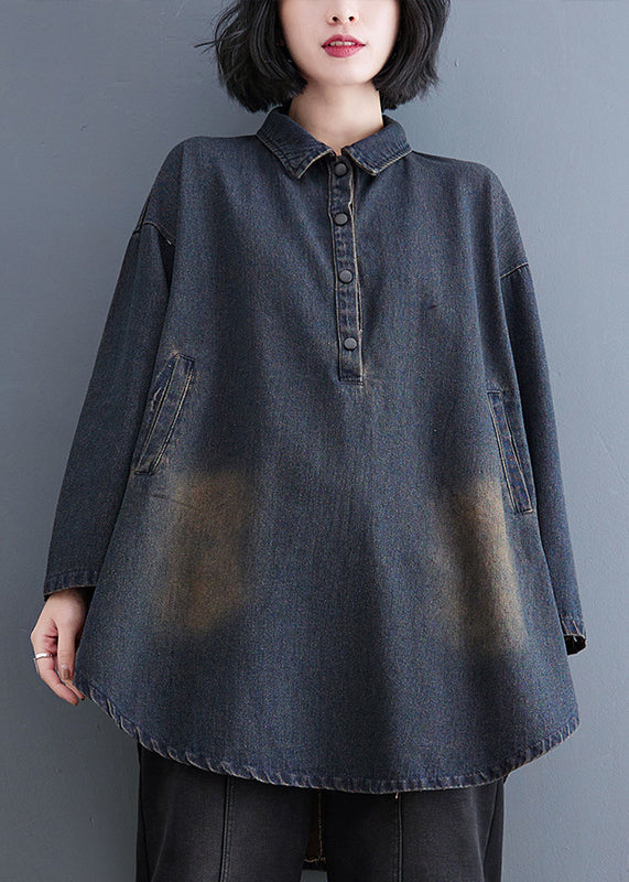 Blue Retro Fall Patchwork Collar Shirt Peter Pan Denim