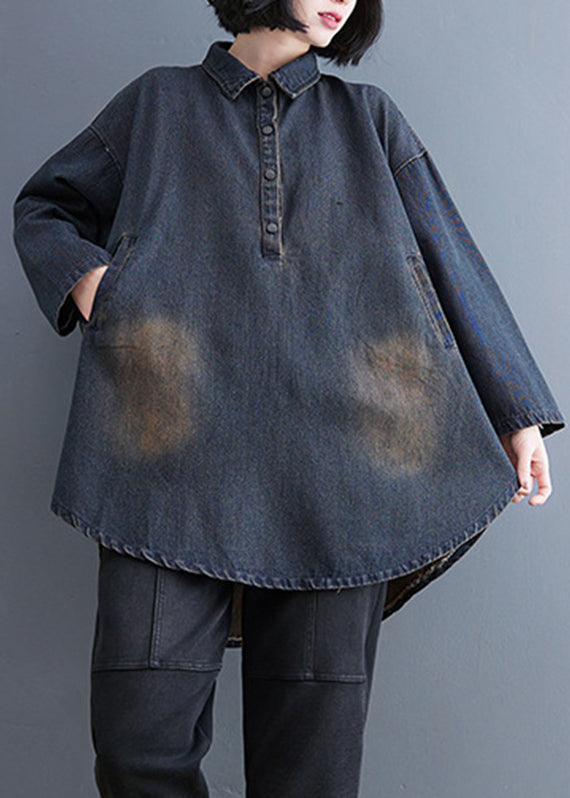 Blue Retro Fall Patchwork Collar Shirt Peter Pan Denim