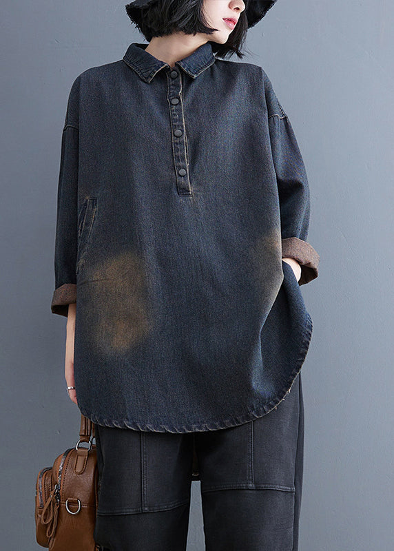 Blue Retro Fall Patchwork Collar Shirt Peter Pan Denim