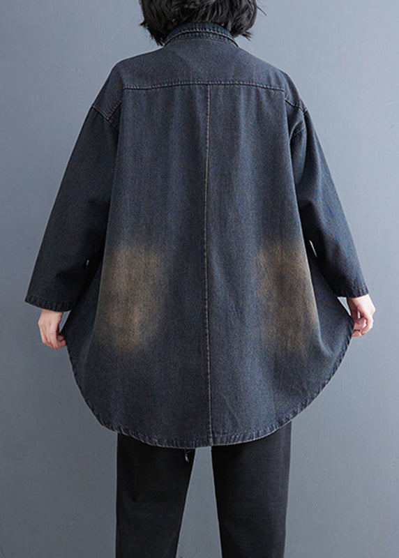 Blue Retro Fall Patchwork Collar Shirt Peter Pan Denim