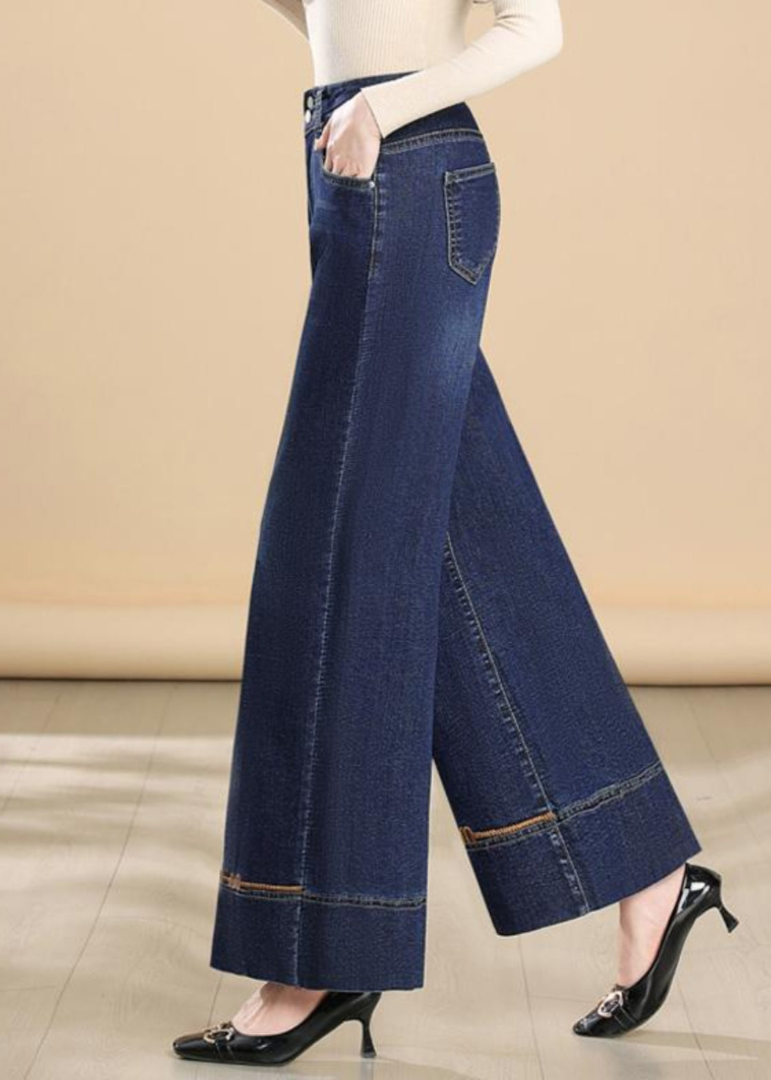 Silm Bestickte Hose Navy Sommer Denim Weite Passform