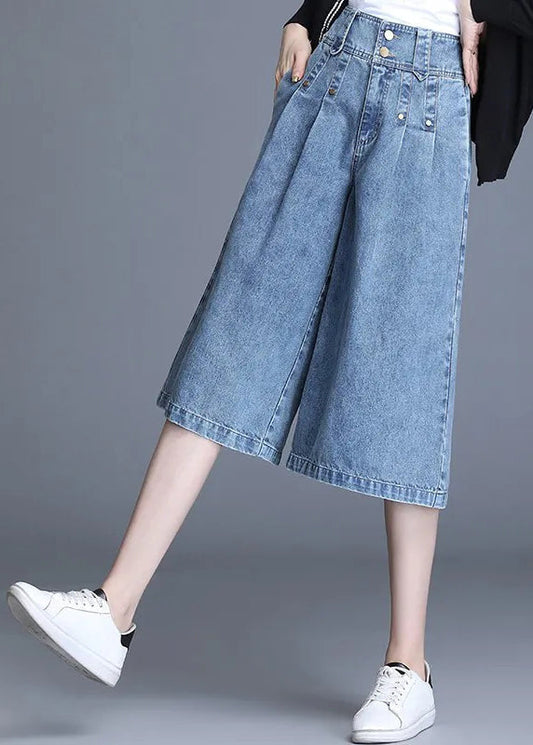 Denim Trousers Crop Leg Summer Simple High Pants Wide Blue Waist