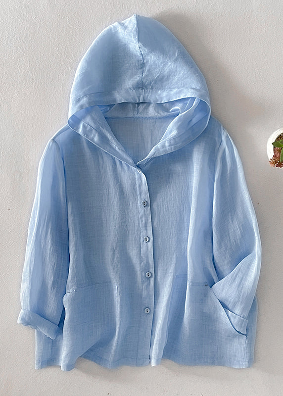 Simple Pockets Fall Button Shirt Hooded Cotton Pink