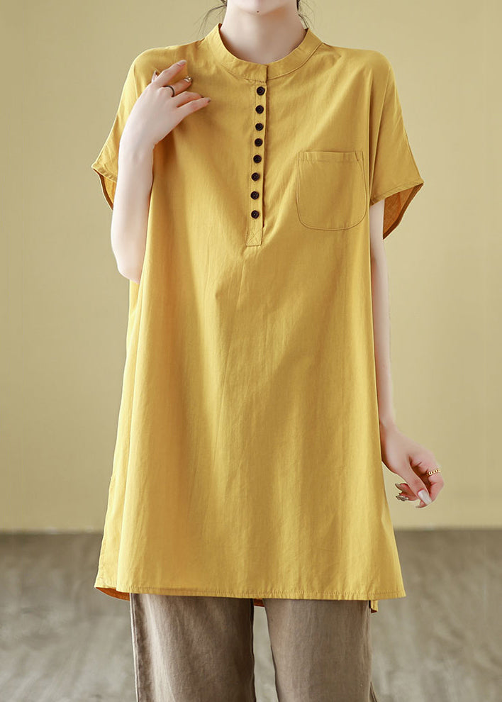 Button Sleeve Cotton Yellow Solid T Short Pockets Shirt Simple