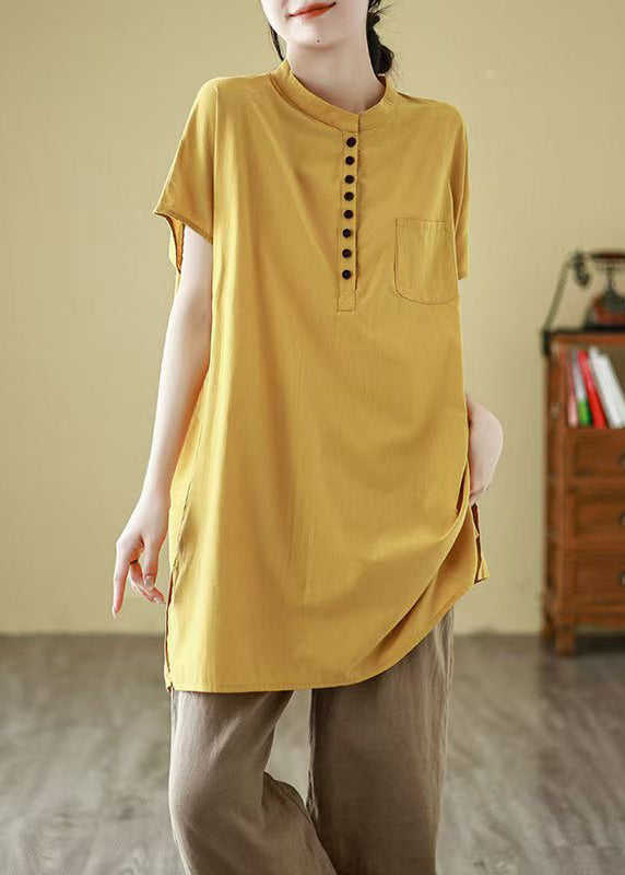 Button Sleeve Cotton Yellow Solid T Short Pockets Shirt Simple
