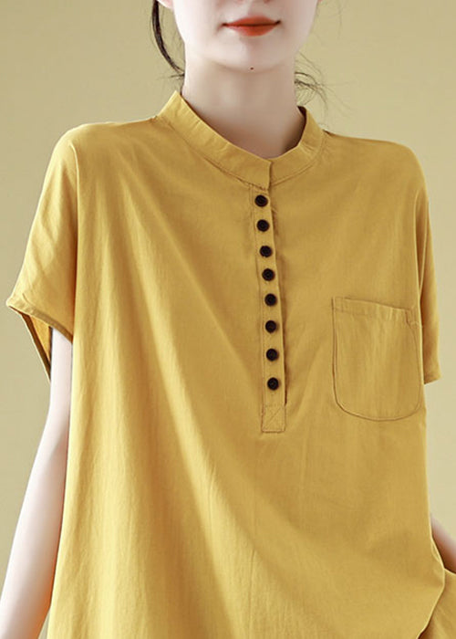Button Sleeve Cotton Yellow Solid T Short Pockets Shirt Simple