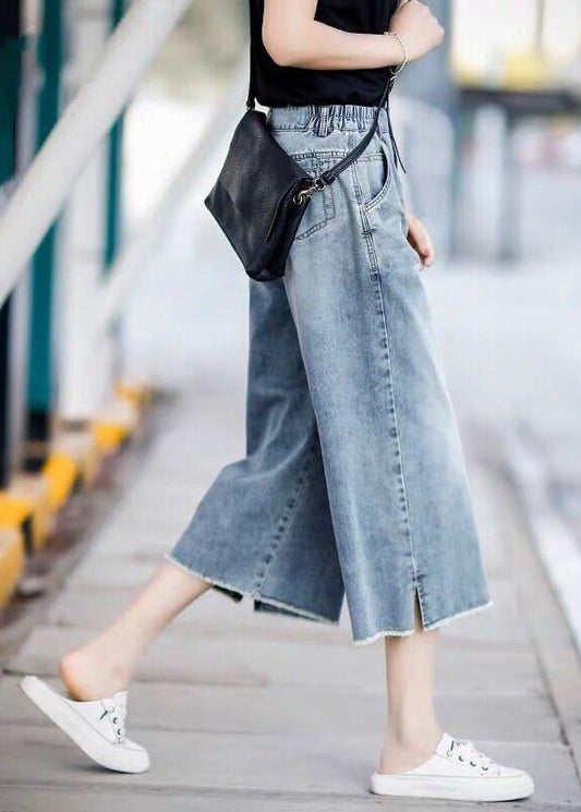 Summer Light Pants Blue Elastic Straight Trousers Style Crop Denim Waist