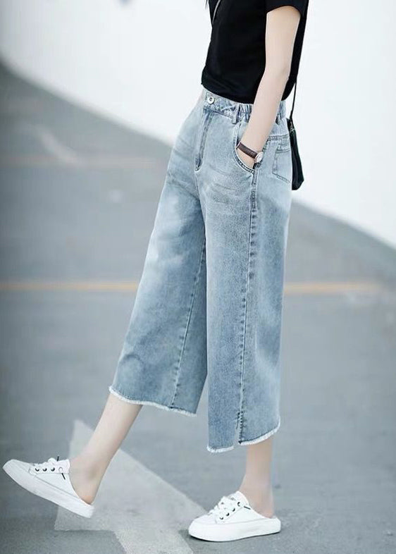 Sommer Leichte Hose Blau Elastische Gerade Hose Stil Crop Denim Taille