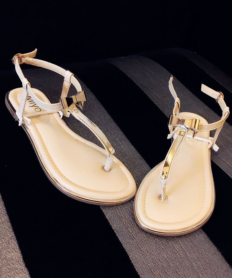 Beige Leather Stylish Flops Splicing Faux Flip Bow