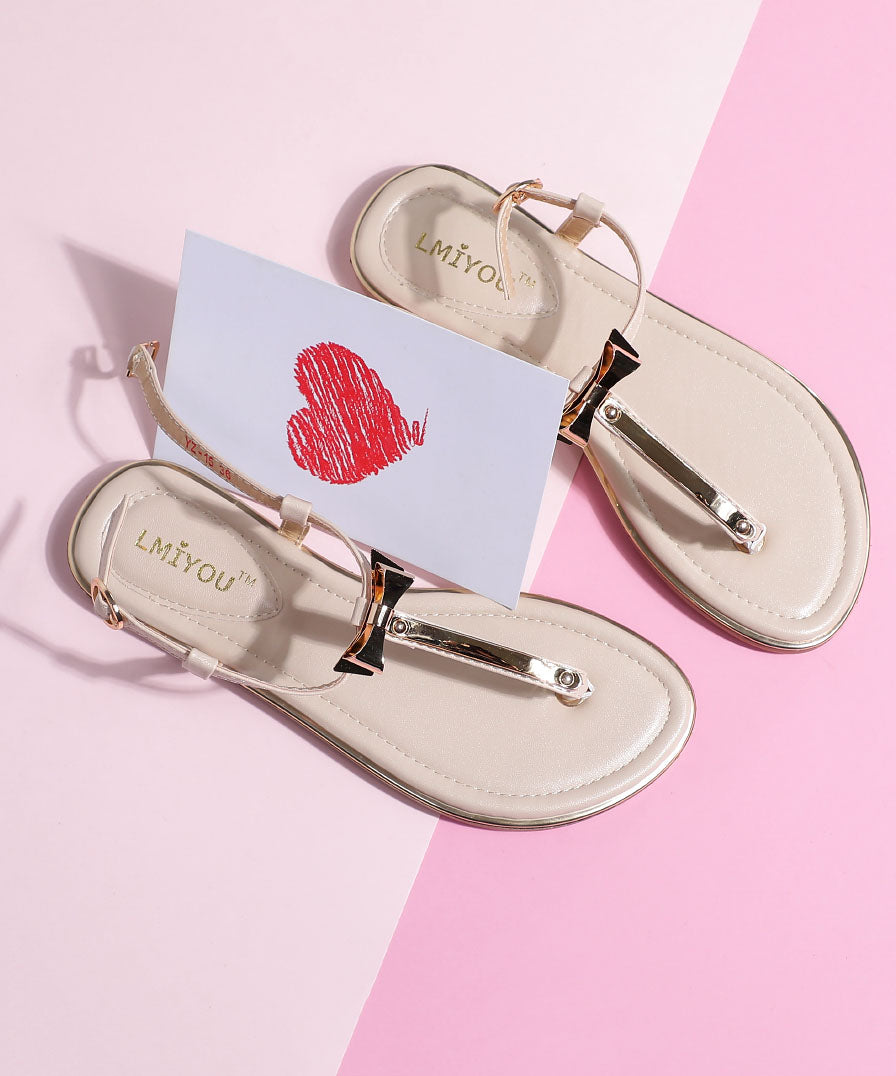 Beige Leather Stylish Flops Splicing Faux Flip Bow