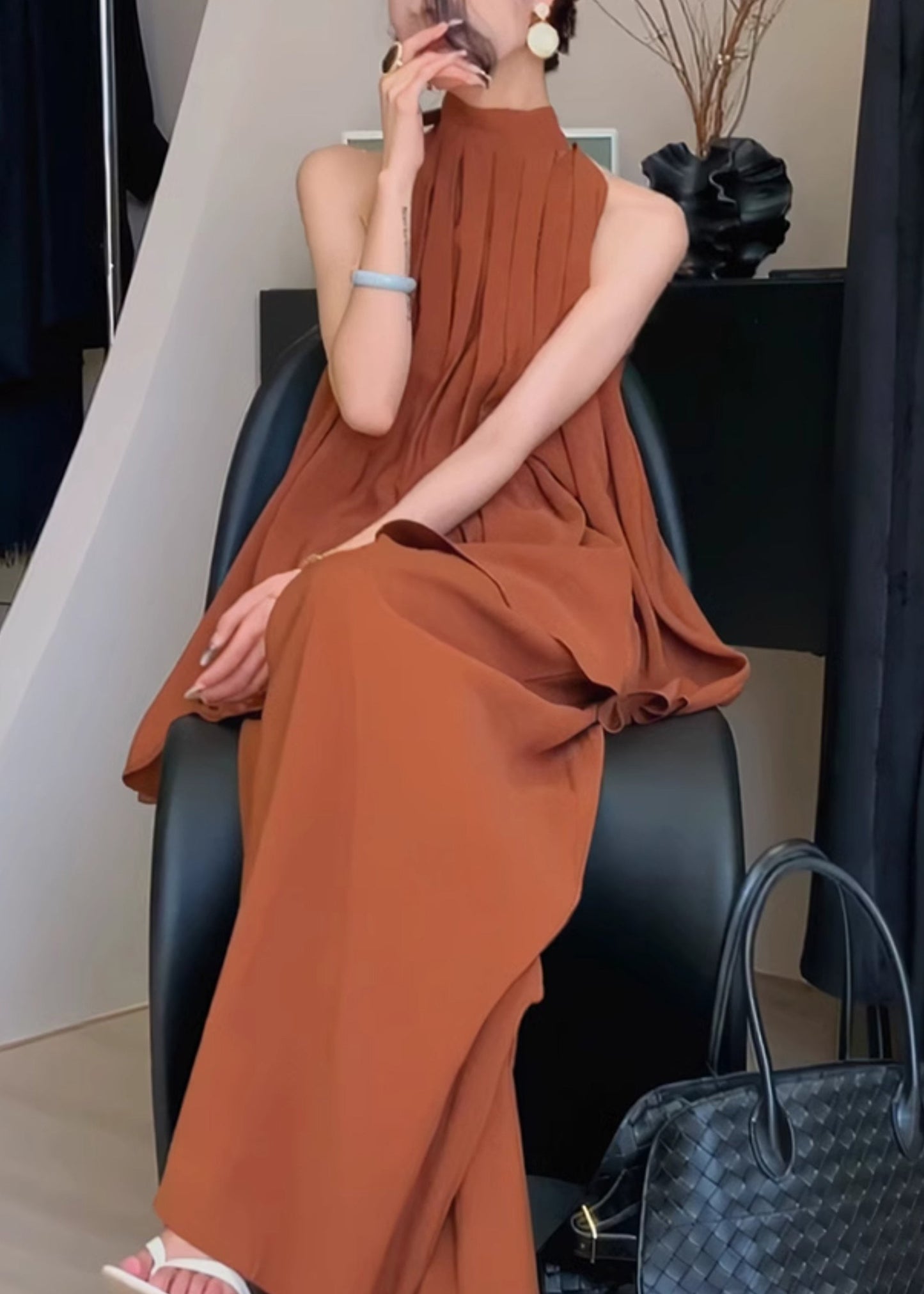 Chiffon Caramel Two Set Summer Stylish Stand Collar Pieces Wrinkled