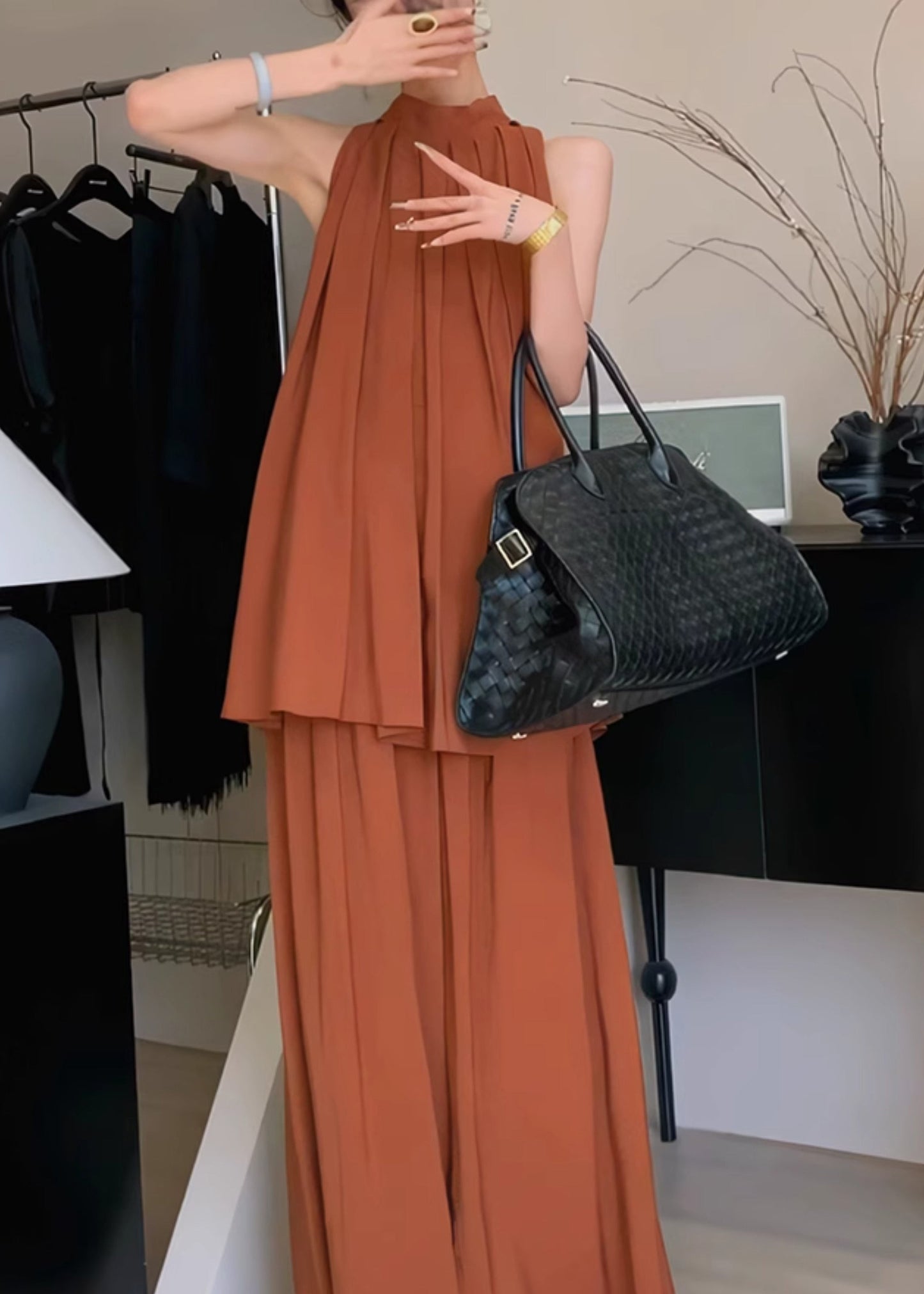 Chiffon Caramel Two Set Summer Stylish Stand Collar Pieces Wrinkled